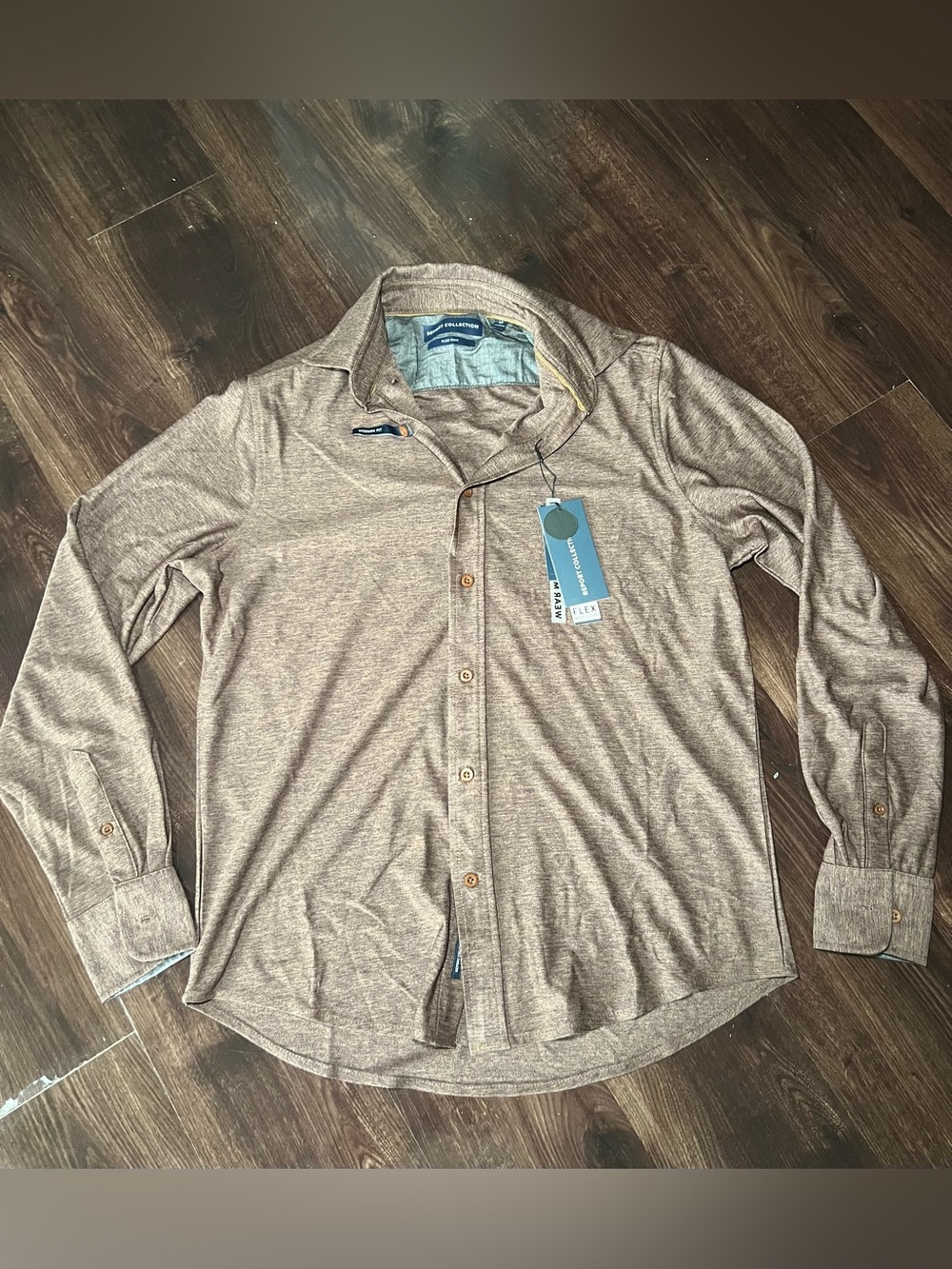 NWT Brown Report Collection Flex Knit Long Sleeve Button Down Size Small